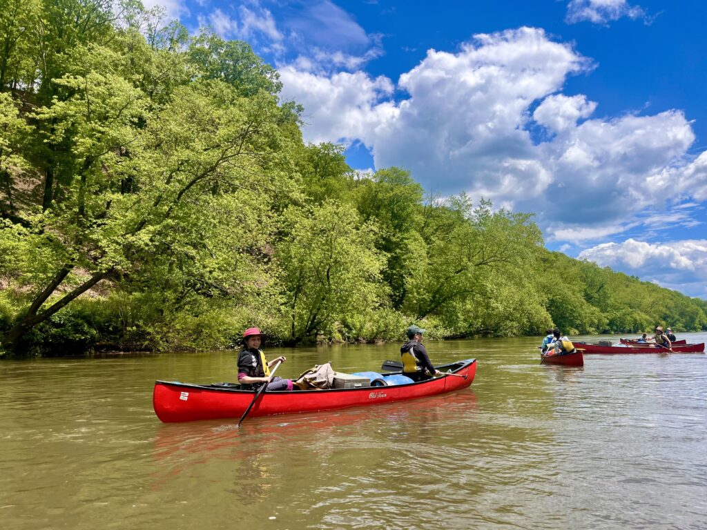 7th graders canoeing on a river.